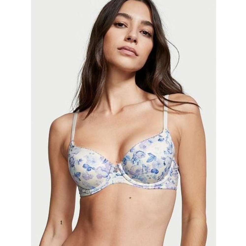 Victoria's Secret Body Perfect Shape Push Up Bra 32B Blue Iliac Floral Print